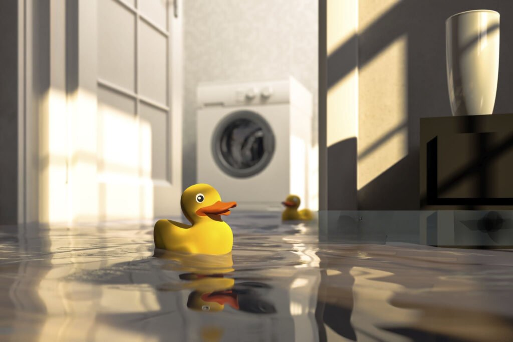 Flooded basement with yellow duck floating in water near washing machines – prevent flooding with sump pump deals.